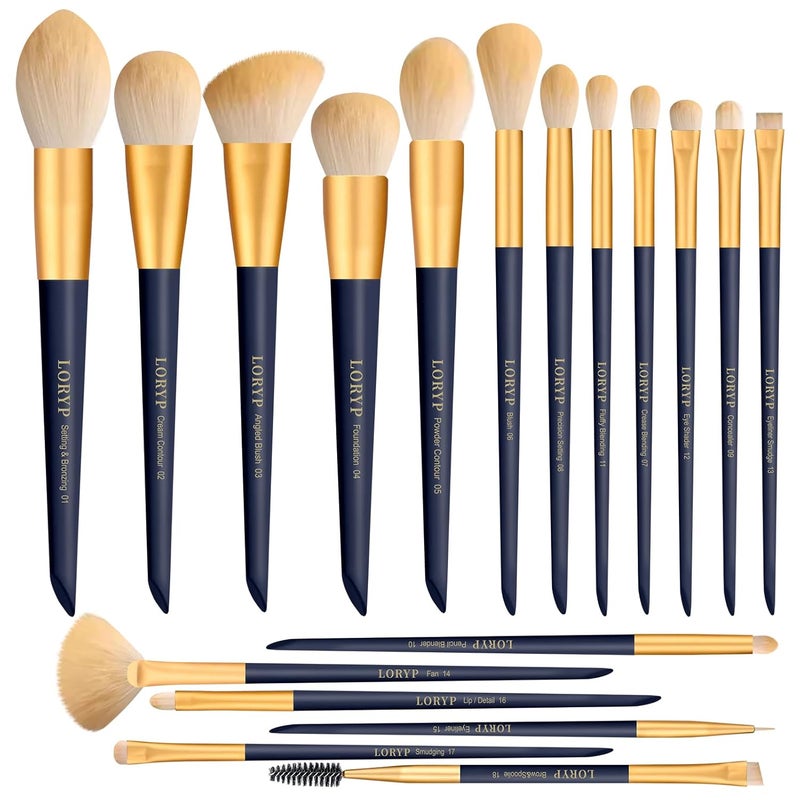 LORYP Makeup Brushes Set Labeled 18 Piece Face and Eye Brush Set Ultra soft hair Foundation, Concealer, Blush, Contour, Blending, Eyeshadow Blue Brush kit - Image 1